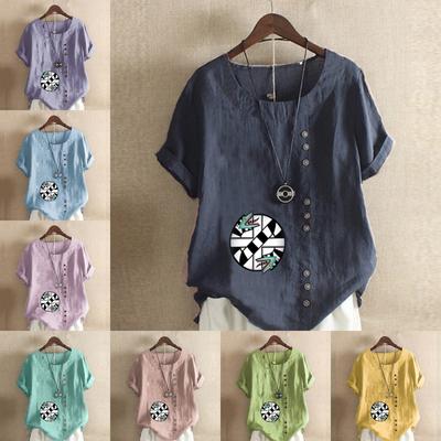 Women's Fashion Round Neck Short Sleeve T-shirt Casual Cotton Linen Graphic Shirt Leisure Loose Circular Snake Prined Summer Blouse Tops
