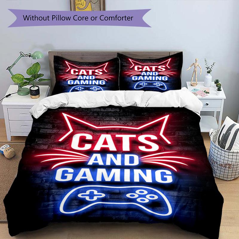 3Pcs Cat Neon Sign Bedding Quilt Set Quilt Cover Gift For Fans 1 Duvet Cover 2 Pillowcase Game250