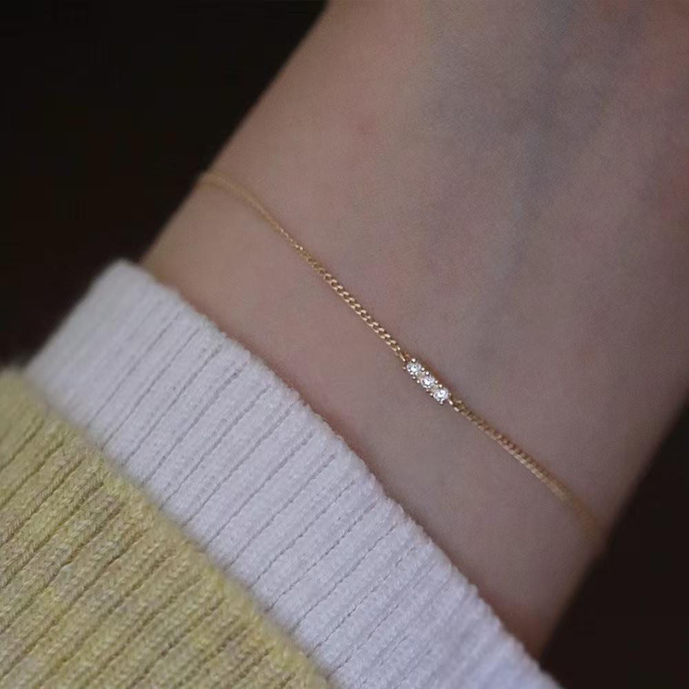 925 Sterling Silver Bracelet with 18K Gold Plating & Three Diamond Zirconia Inlays - Versatile Minimalist Design