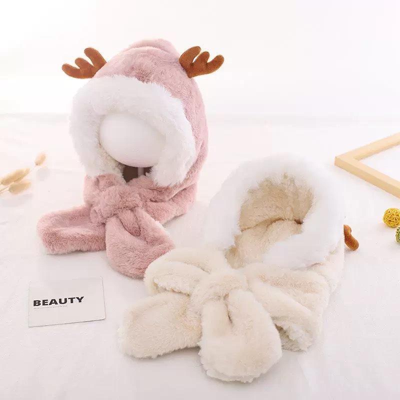 Children's Plush Hat and Scarf Combo for Autumn and Winter, Unisex Baby Pullover Hat, Thickened Cute Cartoon Deer Ear Protection Hat