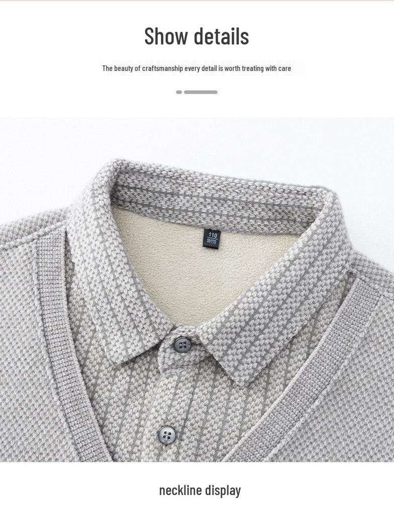 Men's Winter Plus Velvet Faux Two-Piece Knit Polo Sweater