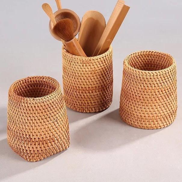 Autumn Rattan Weave Desktop Organizer: Pen Holder & Makeup Storage Box