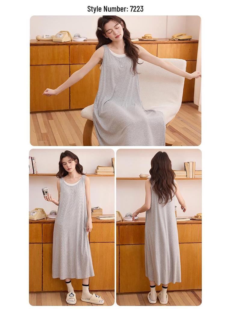 Women's Ice Silk Camisole Nightgown with Chest Pads - Cool, Simple Style Tank Top Home Dress