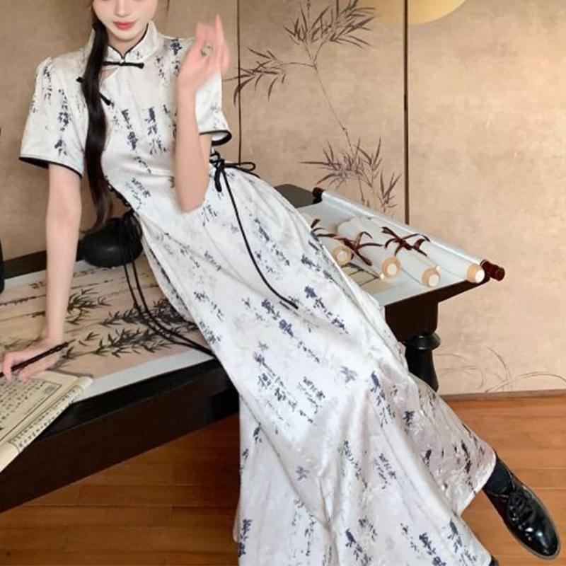 Summer Vintage Stand Collar Bandage Lace Up Dress Ladies Elegant Fashion Hollow Out A-line Robe Women Y2K Short Sleeve Vestidos