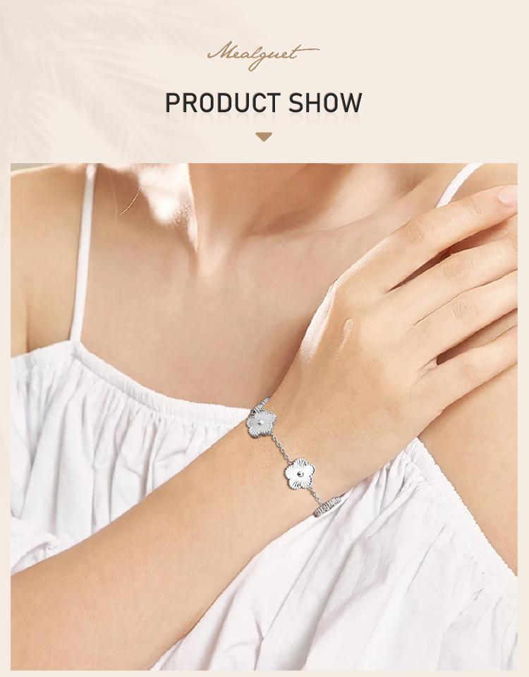 Women Flower Charms Bracelet 18K Gold Plated, Stainless Steel Lucky Flower Link Wrist Jewelry Birthday Gift