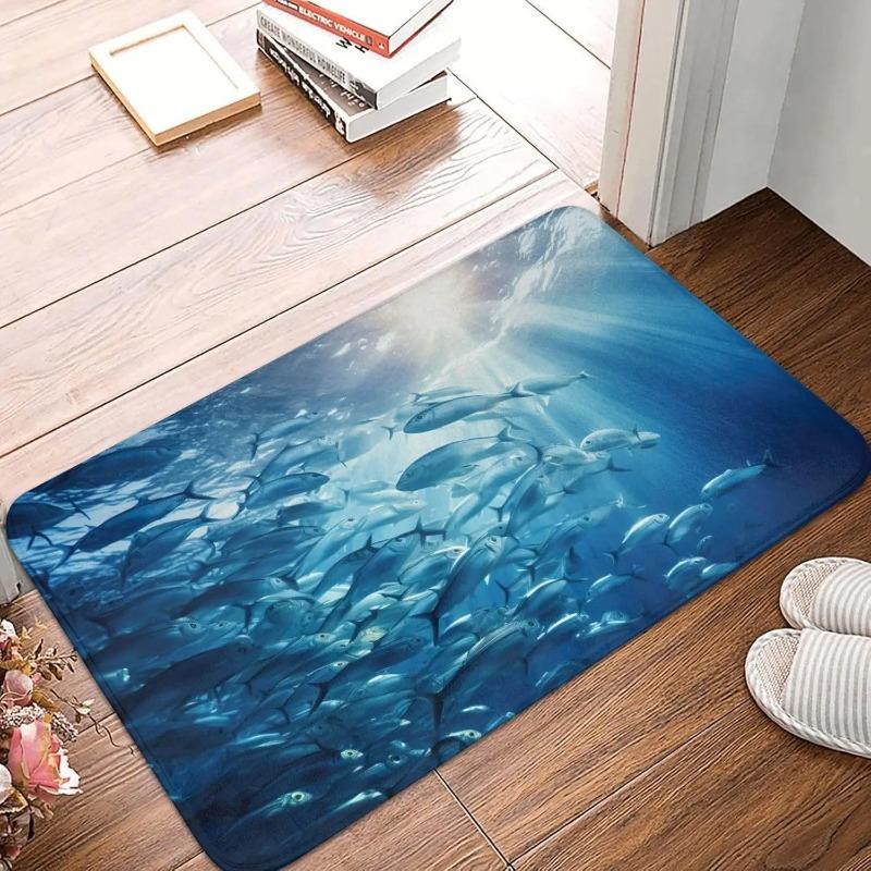 Blue Ocean Underwater Fish Print Front Door Rug for Indoor Outdoor Entrance,Welcome Mat with Flannel Fabric