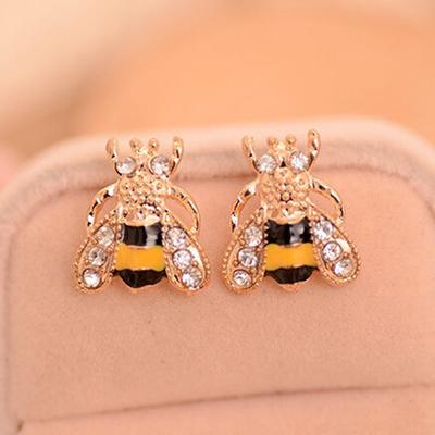 Cute Lovely Enamel Crystal Rhinestone Bee Stud Earrings Animal Hook Women Party Charm Jewelry Gifts