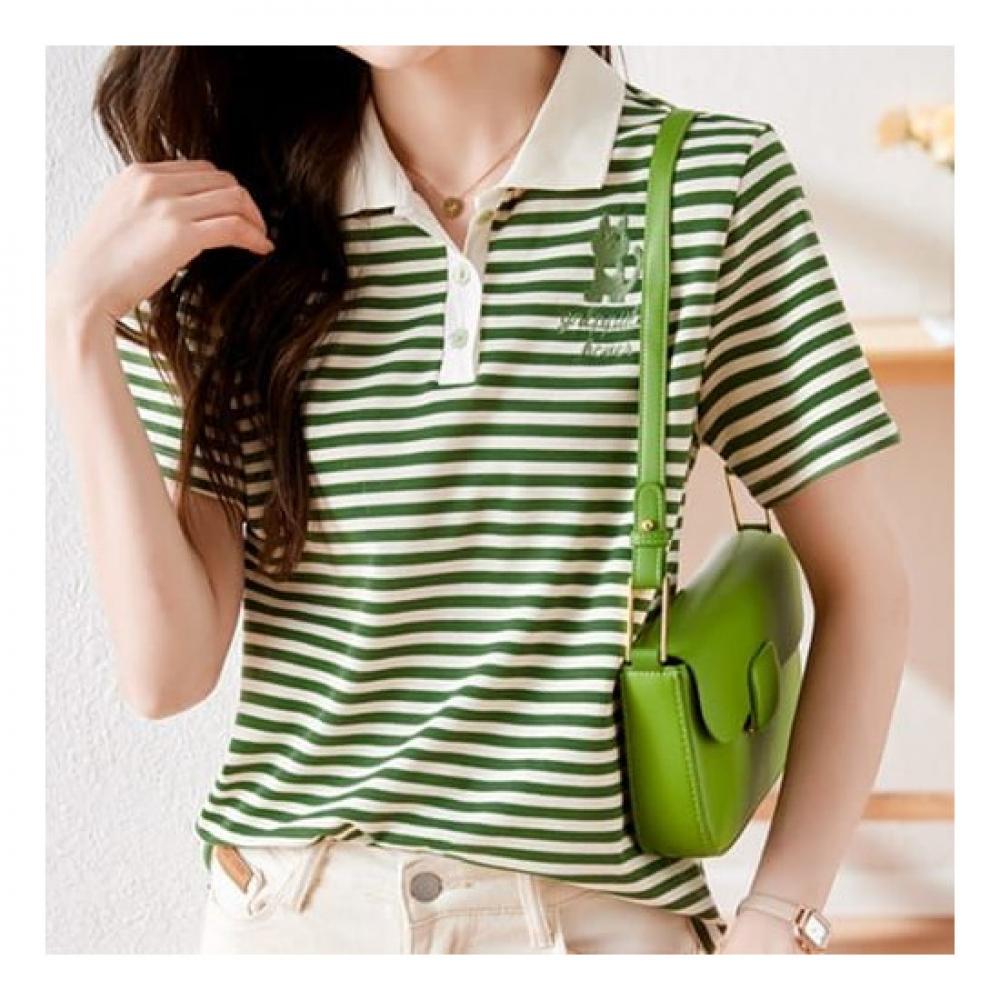 Navava Casual Cat Embroidery Striped Short Sleeve Polo Shirt Nt677