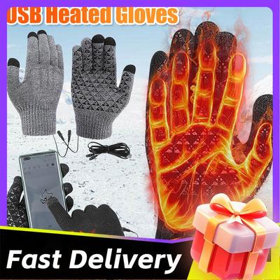 Winter Warm USB Heated Knitted Gloves Thermal Touch Screen Gloves Men Women Outddor Windproof Running Skiing Cycling Mittens