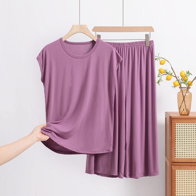 

Модальная пижама для женщин на лето, свободный комплект из двух частей большого размера с коротким рукавом в повседневном стиле, можно носить как домашнюю одежду 8XL фиолетовый