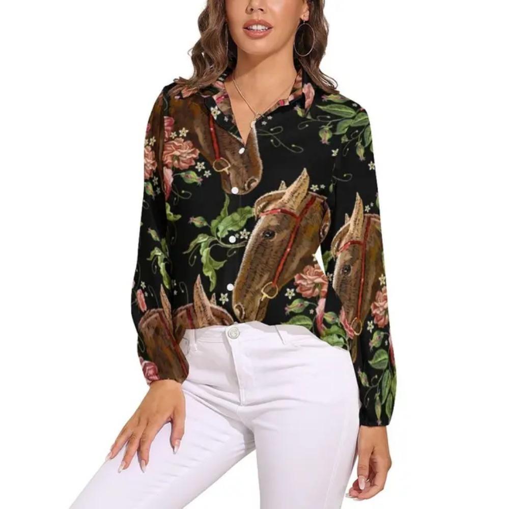 Camicia Colorata con Cavalli a Manica Lunga Camicie da Donna Cavalli Segreti Corse Camicie Vintage Top da Strada Femminili Primavera Estate
