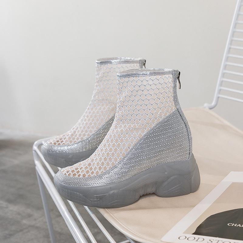 Damskor 2025 Sommar Andningsbara Nätgömda Klackstövlar med Tjock Gelésula