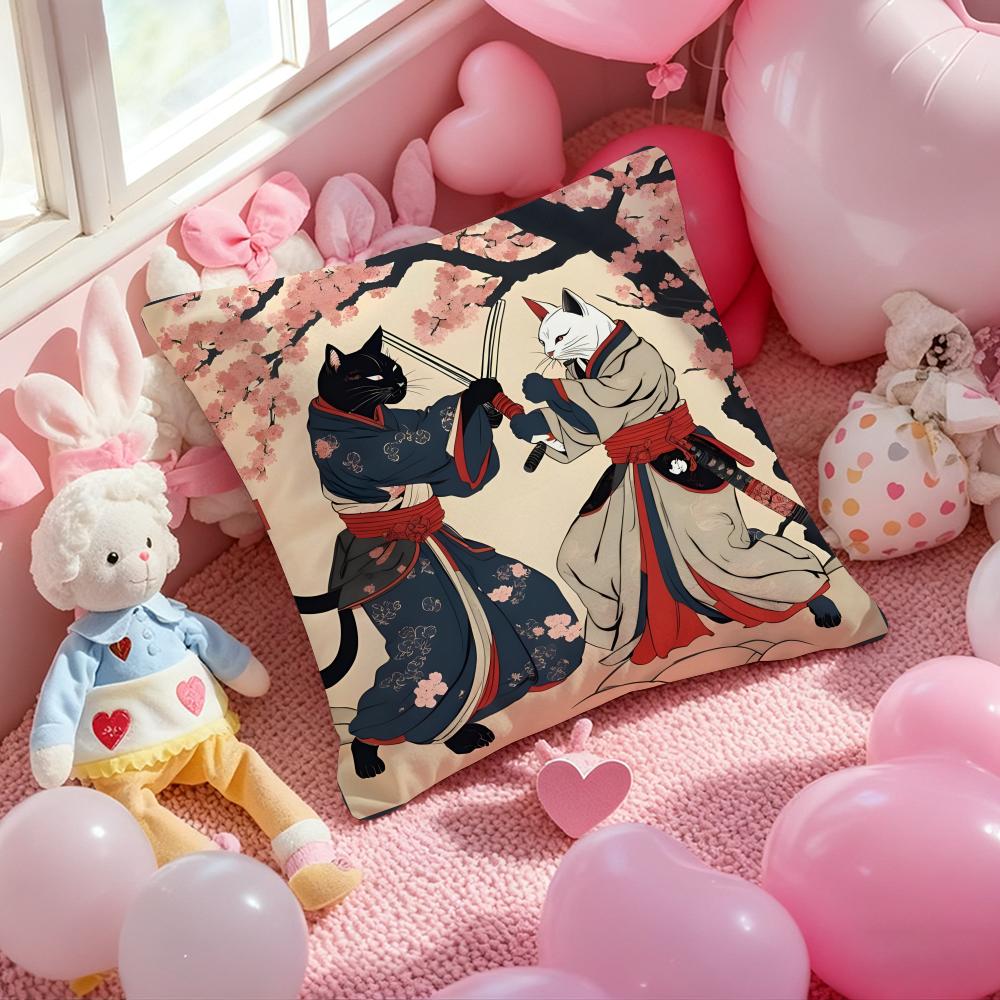 Japanese Style Samurai Cat Cushion Cover Pattern Printed Pillowcase for Living Room Sofa Cushion Cover & Bedroom Decor