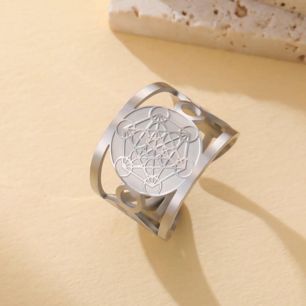 LIKGREAT Geometric Metatron Ring For Women Men Adjustable Size Stainless Steel Rings Solomon Supernatural Amulet Jewelry Gift