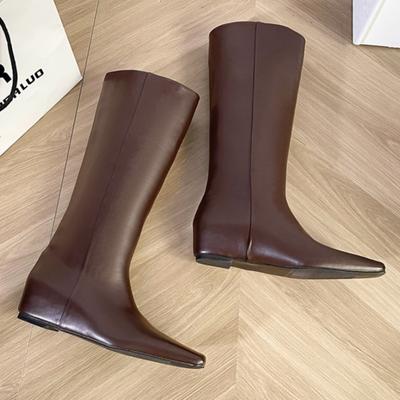 Women Flats Knee High Boots Square Toe Shoes Winter 2025 New Trend Goth Chelsea Casual Leather Shoes Fashion Dress Botas Mujer