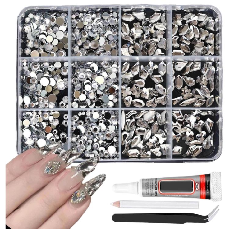 DIY Nail Art Kit With 3mm AB Transparent Flat Back Rhinestones 12 Compartments For Crafts And Fashion