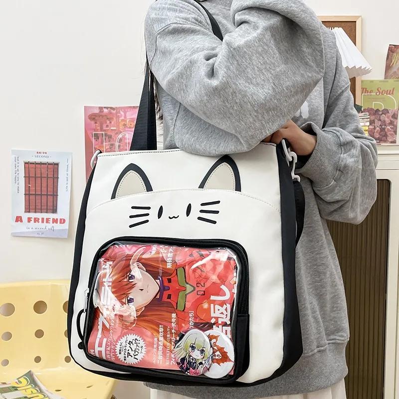 Y2K Cute Cat Ita Shoulder Bag Large Capacity Women Casual Crossbody Bag Kawaii Girl Transparent Pocket DIY Display Nylon Handbag
