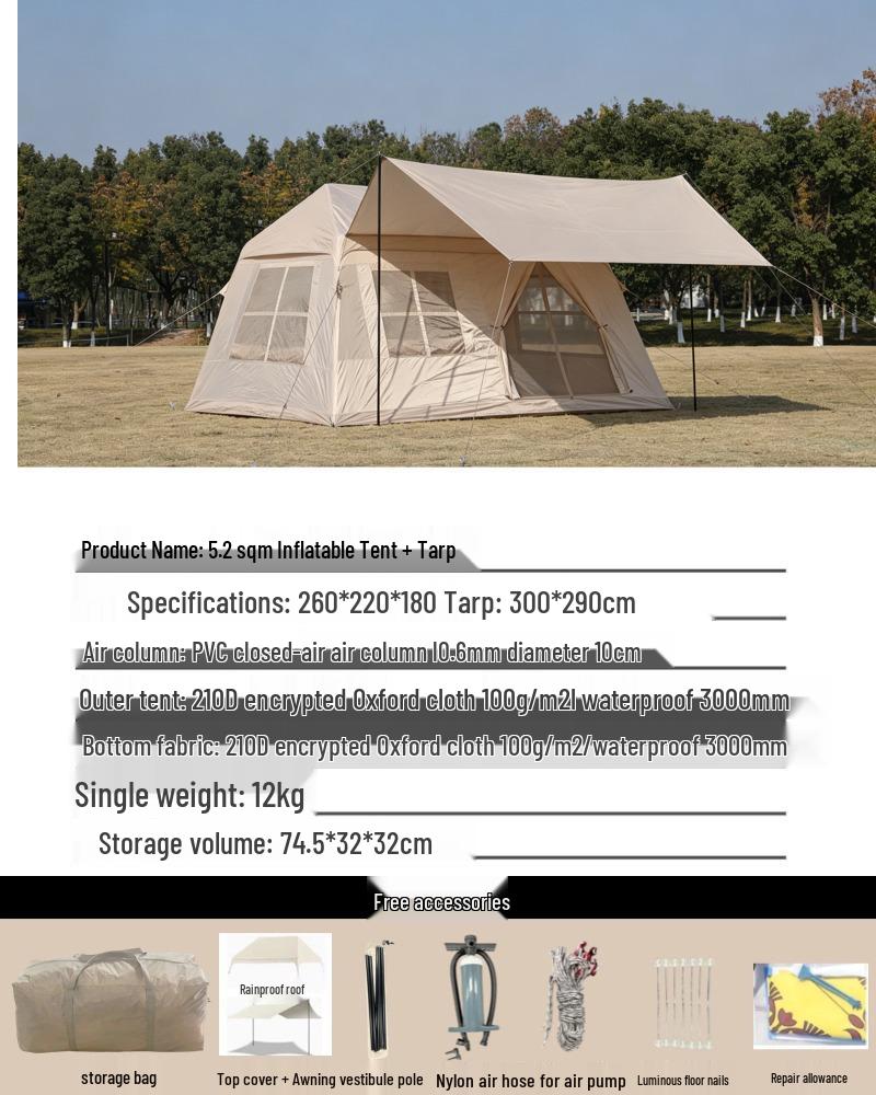 Inflatable Outdoor Camping Tent - Family Travel & Picnic, Portable, One Bedroom & Living Room, Rainproof & Sun Protection, In Stock