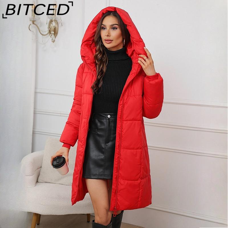

BITCED Stylish Slim-Fit Hooded Women s Mid-Length Thickened Waist-Defining Cotton-Blend Coat XXL красный