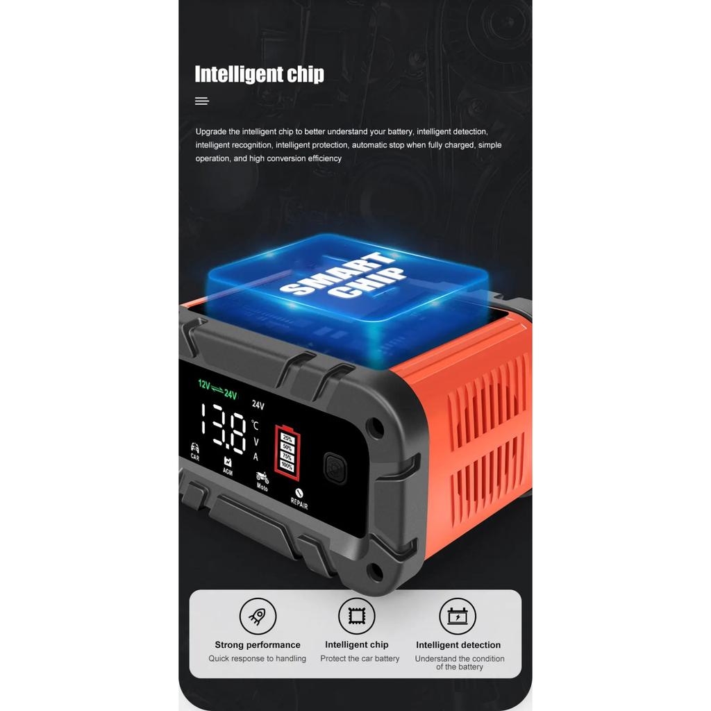 7-Segment 10A/5A/6A Car Motorcycle Charger 12V/24V Smart Charger Lithium AGM GEL Lead-Acid LiFePO4 Battery Charger for Car