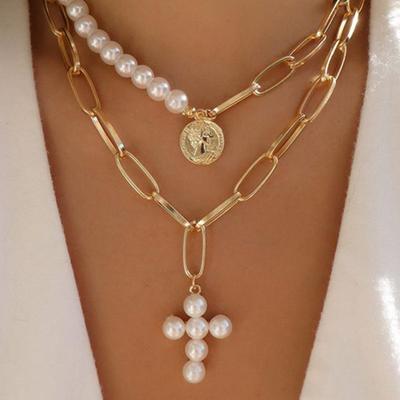 Trend Süß Und Cool Künstlicher Diamant Kreuz Anhänger Perle Persönlichkeit Cool Wild Schlüsselbein Kette Halskette Geschenk