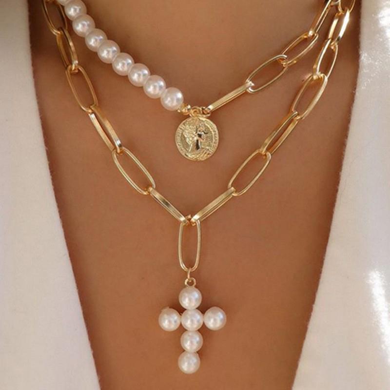 Trend Sweet And Cool Artificial Diamond Cross Pendant Pearl Personality Cool Wild Collarbone Chain Necklace Gift