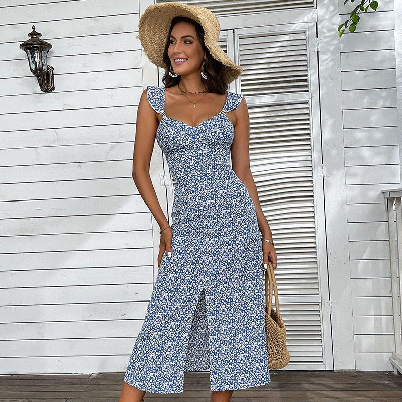 

Летние женские платья с цветочным принтом и разрезом на шее, шикарные, удобные и универсальные, темпераментные, элегантные, повседневные, женская одежда, нежное женское платье XL синий