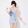 2025 Spring Trend: Sexy Short Denim Dress with Tube Top & Ruffled Floral Design