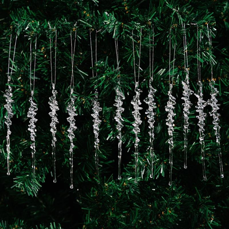 12Pcs Clear Acrylic Icicle Shape Pendant Christmas Tree Hanging Decorations For Holiday Tree and Store Window Display