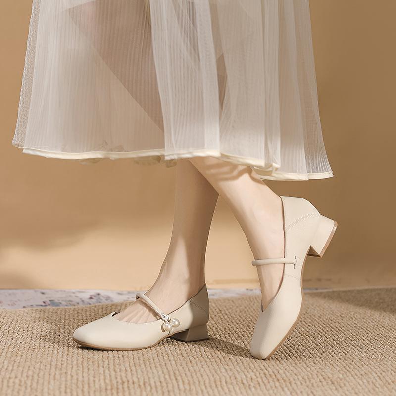 Square Head Thick Heel Mary Jane Shoes Women's New Soft Leather Retro Light Mouth Low Heel 3cm Single Shoes Women