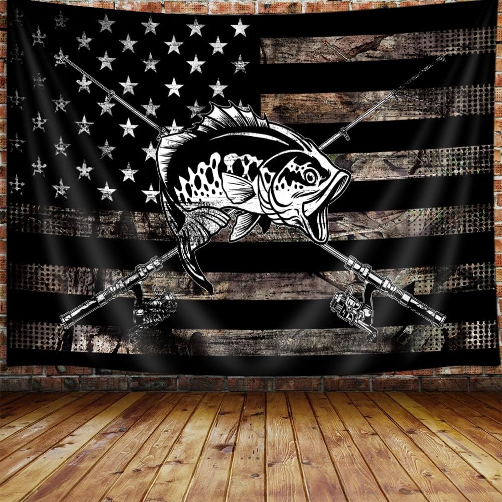 Land Amerikanische Flagge Bär Wandteppich Rustikal Jagd Camo Barsch Bär Schwarz und Weiß Wandteppich Wandbehang für Männer Schlafzimmer Hütte