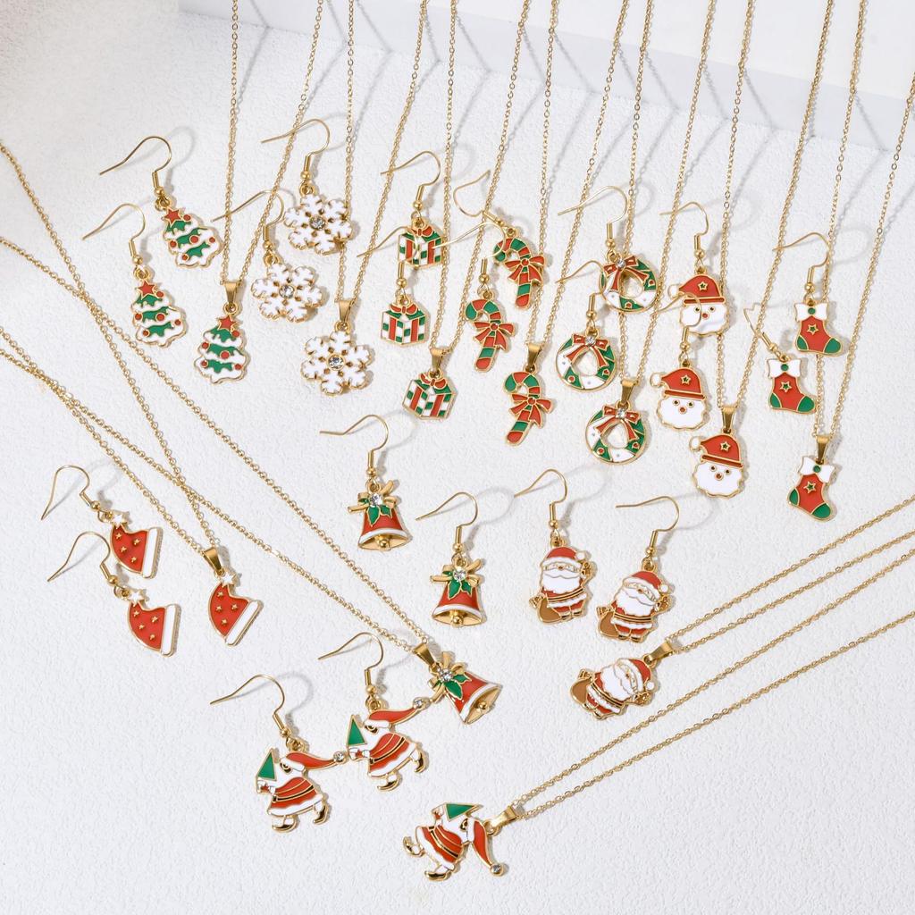 Stainless Steel Christmas Earrings & Necklace Set: Bells, Snowflakes, Santa, Tree, Candy Cane for Women