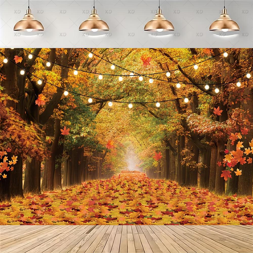 Rustic photographic backdrop: Maple forest, orange autumn leaves, pumpkin banner, for baby shower decorations4917