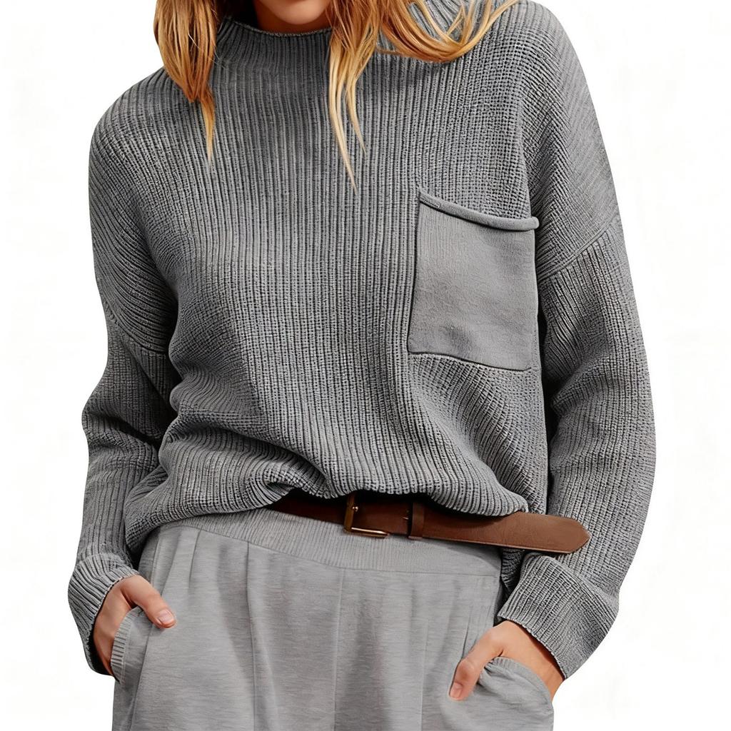 Women's Loose Crewneck Pocket Solid Color Long-sleeve Knitted Sweater Top