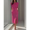 Women's Round Neck Sleeveless Solid Color Midi Dress Slim Fit High Waist Elegant Office Work Dress With Buttons Slit
