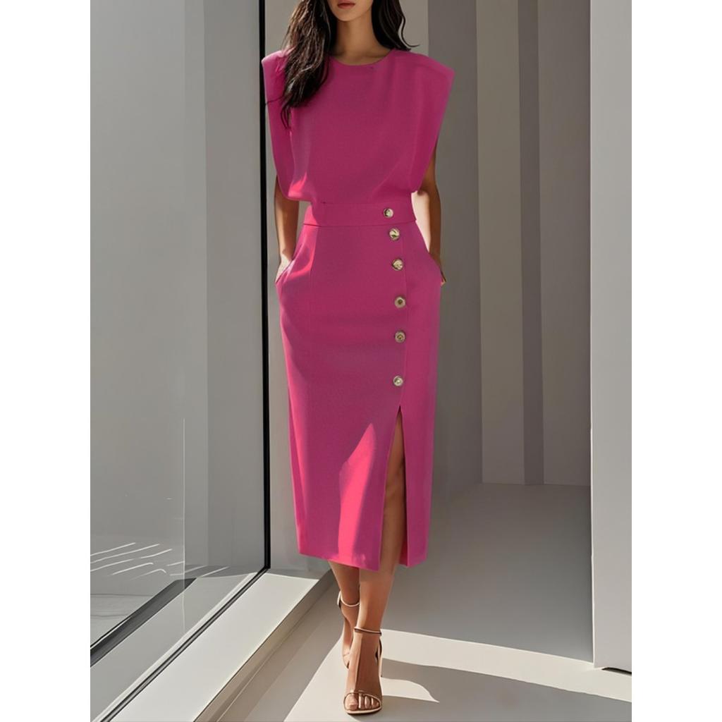 Women's Round Neck Sleeveless Solid Color Midi Dress Slim Fit High Waist Elegant Office Work Dress With Buttons Slit
