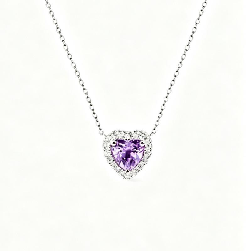 S925 Sterling Silver Heart-Shaped Gemstone Pendant Necklace with Citrine, Amethyst, Garnet, and Topaz.