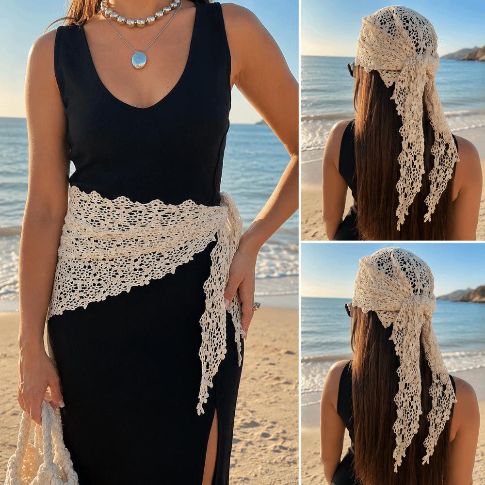 Hollow Design Floral Lace Scarf Solid Color Knitted Scarf Sweet Beach Hair Band Beach Outfits