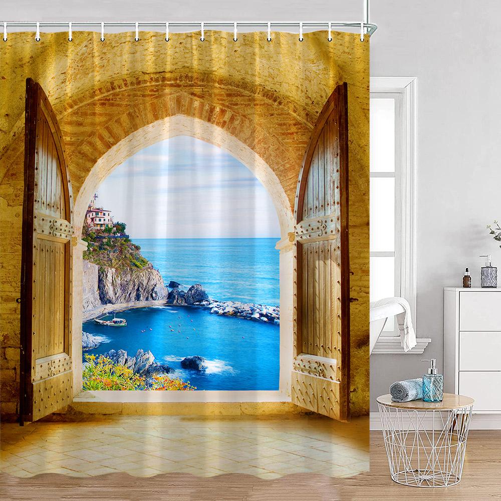 

European Arched Door Shower Curtains European Garden Flowers Plants Bathroom Decoration Vintage Polyester Bath Curtain with Hook 90x180cm-35x70in