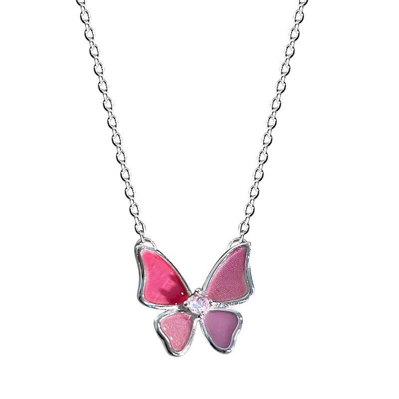 Sweet and Fresh Forest Style Pink Butterfly Necklace, Niche Design, Versatile Daily Collarbone Chain