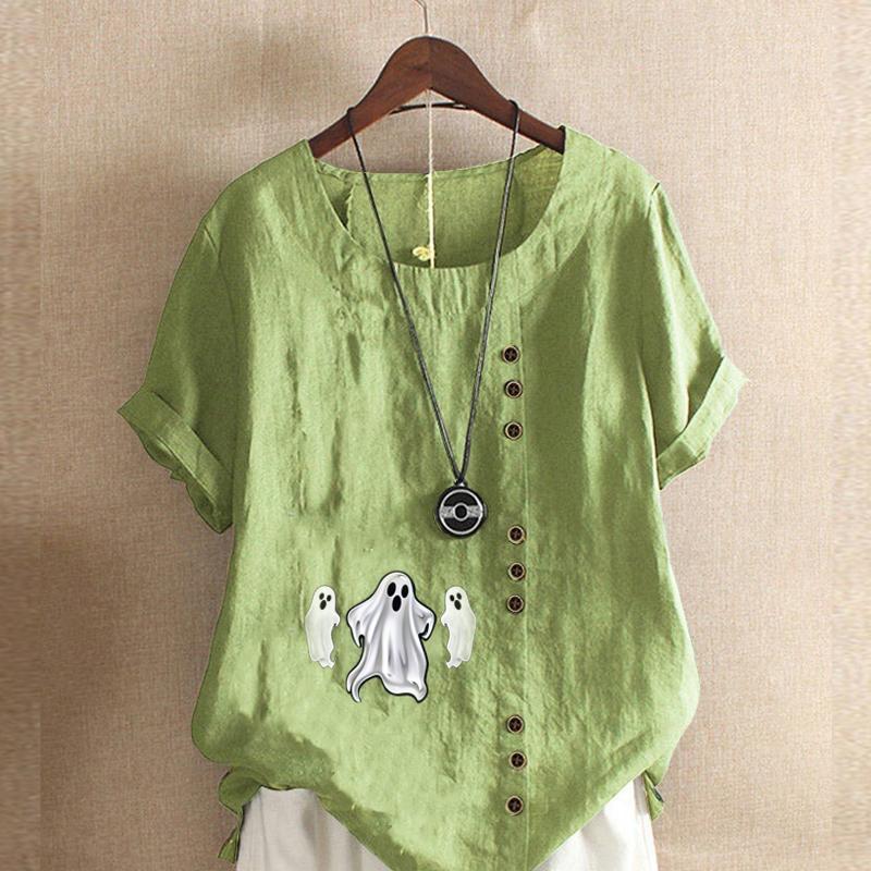 

Women s Fashion Ghost Prined Short Sleeve T-shirt Loose Cotton Shirt Casual Loose Summer Blouse Tops Plus Size 5XL зелёный