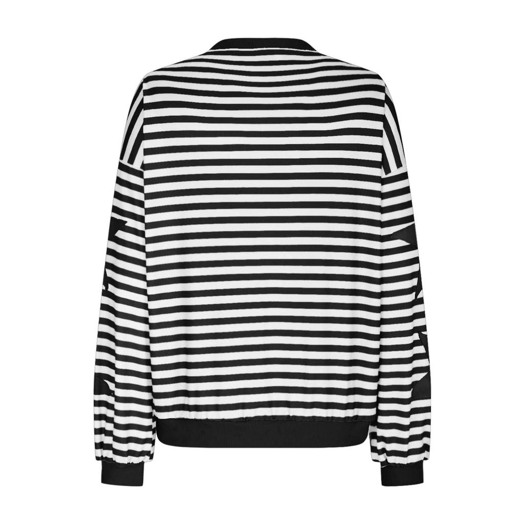 Women's Fashion Striped Star Print Round Neck Long Sleeved Pullover Color Blocked Pullover Sweatshirt Top