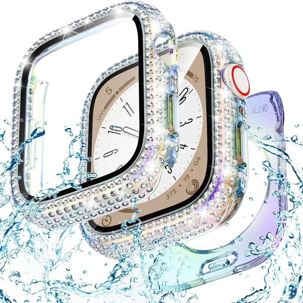 Bling Glass+Cover Case Diamond PC Bumper+Screen Protector For Apple Watch 45mm 44mm 40 41mm Iwatch Series 10 46mm 42mm 9 8 7 5 6