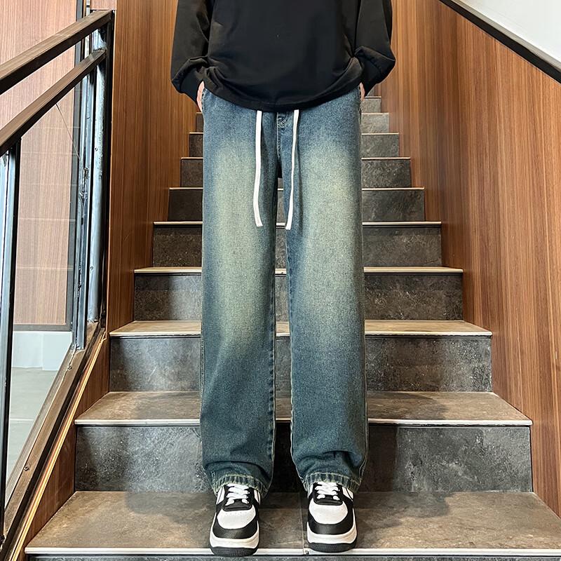 Men's American Retro Washed Straight Wide-Leg Jeans