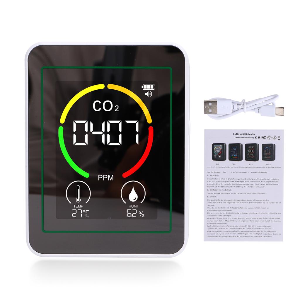 3-in-1 Air Quality Detector, Real-Time Carbon Dioxide, Humidity, Temperature Monitoring, 2.8-inch Color Screen, Calibration,