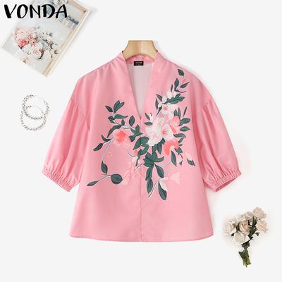 Blouses d'été pour femmes à col en V, manches 3/4, imprimé floral, lisses et décontractées