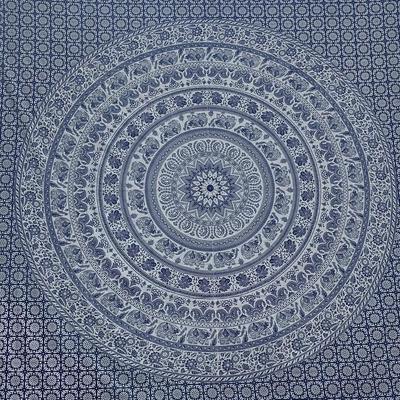Handmade Indian Hippie Bohemian Psychedelic Elephant Mandala Wall Hanging Bedding Tapestry (Navy Blue and Silver)