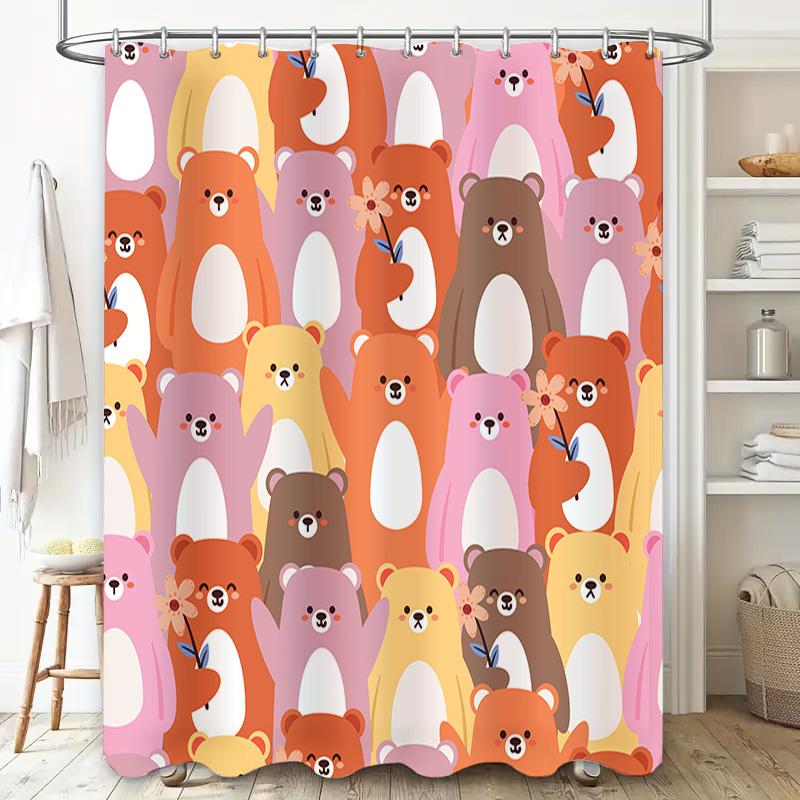 Adorable Cartoon Bear Print Shower Curtain for Bathroom Decor 3D Waterproof Fabric Hanging Multiple Colors Available