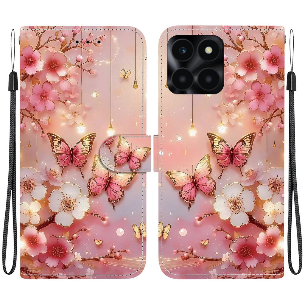Handmade PU Leather Flip Case for Honor X6a Anti-Slip Shockproof Cover with Wrist Strap & Heart/Rose Cat Designs