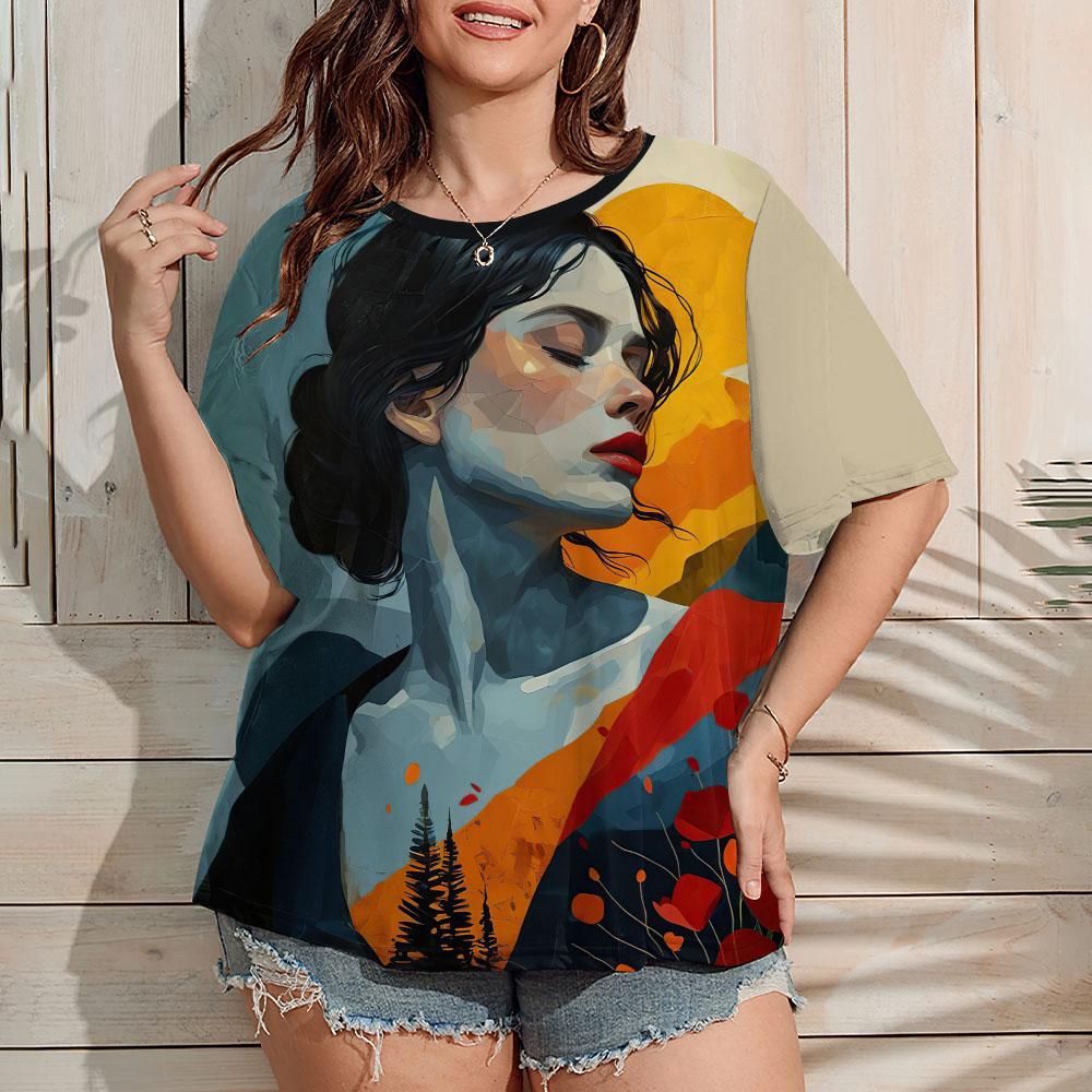 Plus Size Women's T-Shirt Summer Casual Round Neck Short Sleeve Top Fashion Girl Pattern Print Outdoor Loose Oversized Clothing